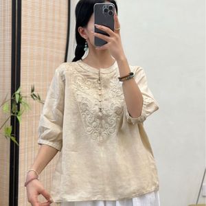 Women Cotton <b>Linen</b> Embroidered <b>Top</b> Five Sleeve Stand Collar <b>Plus</b> <b>Size</b> Retro Style T Shirt Spring Summer Leisure Wear - Product Image 1