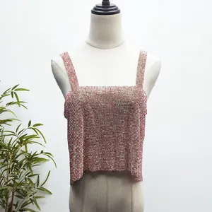 Sexy Sparkling Backless Mixed Pink Party Club Crystal Rhinestone Mesh Tank Top For Women