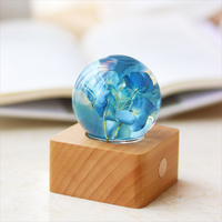 Boule de Cristal Petite Veilleuse Base en Bois Fleur Éternelle Rose Spécimen Lumineux Résine Artisanat