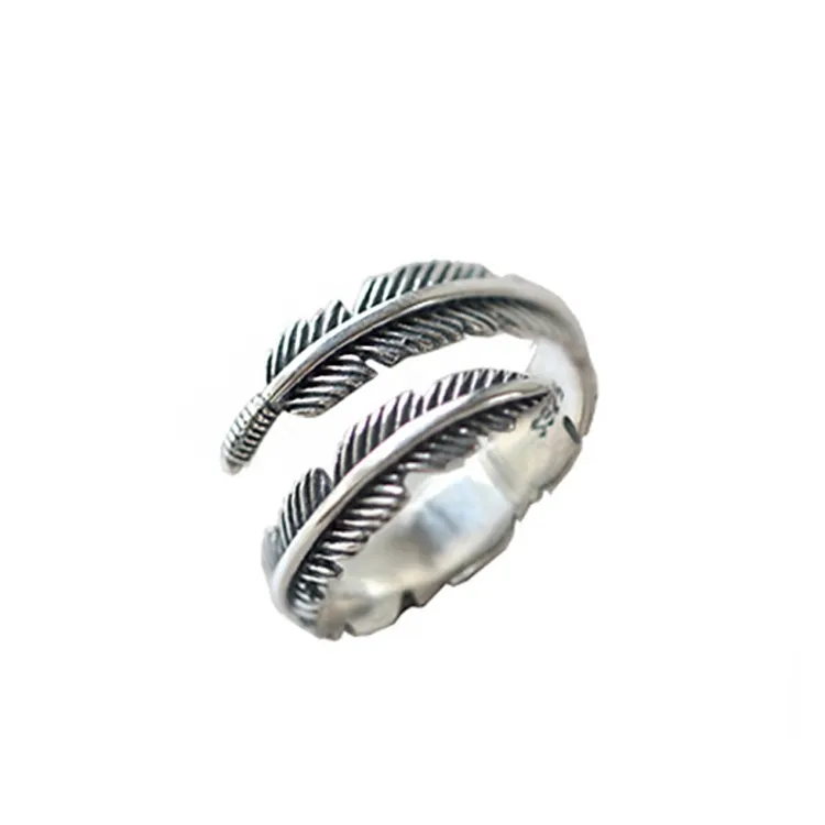Vintage Punk Design Leaf Feather Shape Ring 925 Sterling Silver Jewelry Opening Adjustable Feather Rings