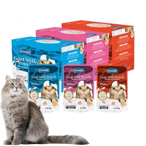 อาหารเปียกสำหรับสัตว์เลี้ยงยี่ห้อ FAENBEI บรรจุ 12 ซอง/กล่อง โปรตีนสูง แพ้ง่ายน้อย อาหารว่างสำหรับสัตว์เลี้ยง ชิ้นเนื้อสัตว์ นมแพะ สำหรับลูกแมว - Product Image 1