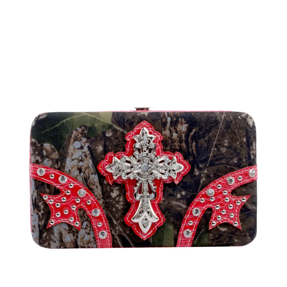Dompet tas tangan barat untuk wanita dompet tangan gelang pemblokir ritsleting dengan berlian imitasi salib camo Kulit Dompet Barat