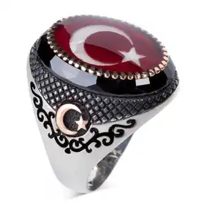 Turkish Jewelry Black Ring Men Flag Moon Star 925 Sterling Silver Mens Rings