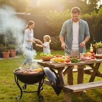 Barbecue rond noir élégant et moderne, en acier robuste, au charbon de bois et aux briquettes, pour le camping en plein air, le jardin et la cour.