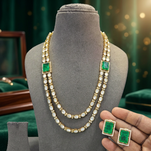 Luxury Gold Finish Emerald Green Double Layer Statement Necklace Set with Matching <b>Stud</b> <b>Earrings</b> Designer Wedding Bridal Party - Product Image 3