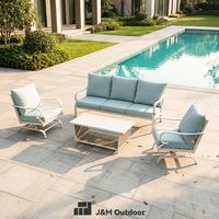 Ensemble de conversation moderne en aluminium J&M pour l'extérieur avec accoudoirs incurvés, canapé 5 places et fauteuils pour jardin, bord de piscine, villa, balcon