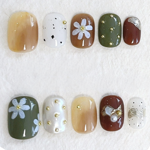 <span class=keywords><strong>Uñas</strong></span> Postizas Acrílicas Cuadradas Hechas a Mano Laisense, <span class=keywords><strong>Color</strong></span> Marrón, Verde y Blanco Vintage con Perlas Florales y Líneas Metálicas para Dedos - Product Image 1