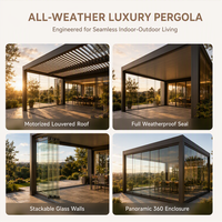 Pergola motorisée en aluminium avec stores enrouleurs coupe-vent et porte vitrée pour espace extérieur, cour et jardin