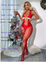 Yd419 Lingerie sexy de Noël de haute qualité, ajourée, sans entrejambe, avec nœud en fourrure, nylon, body en résille intégral