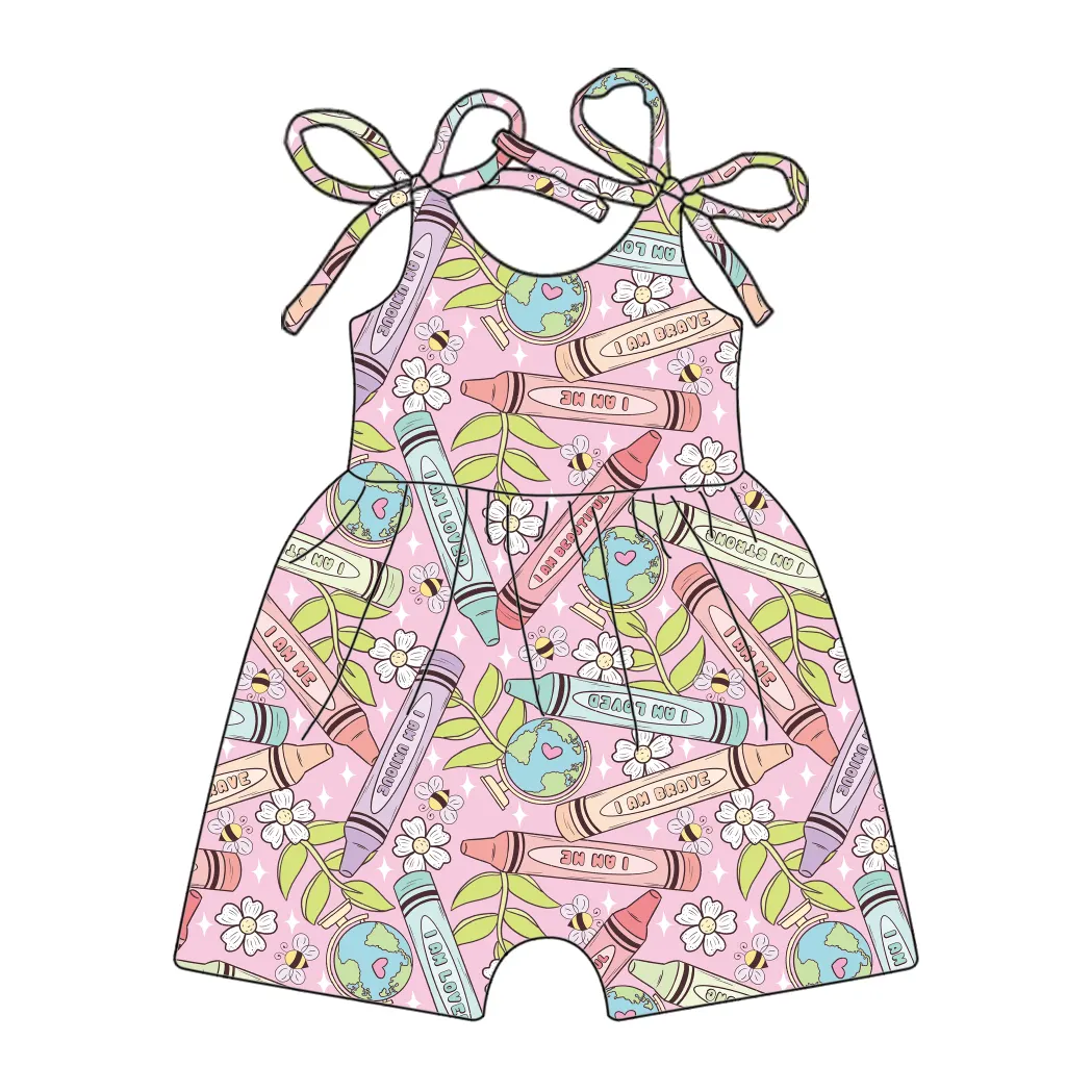 Baby Girls Back to school Clothes Custom Kids Fashion Tie Shoulder Romper Infant &Toddlers Bow Jumpsuit