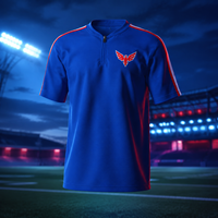 Maillot de sport personnalisé sublimé bleu et rouge, respirant et à séchage rapide, en polyester, avec logo et numéro, pour hommes et jeunes.