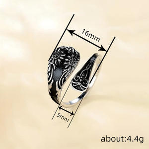 Anello Cocktail con Fiore H450, Placcato Argento Antico, in Acciaio Inossidabile, Regalo Unisex, Anelli alla Moda - Product Image 4