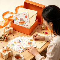 Ensemble de cartes de vœux d'anniversaire Fenghetong avec enveloppes crème dans une boîte souvenir orange