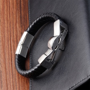 Hip Hop Jewelry Skull Stainless Steel Bracelet Customized Name Black Leather Braided Rope <b>Bangle</b> <b>Men</b> Leather Bracelet - Product Image 5