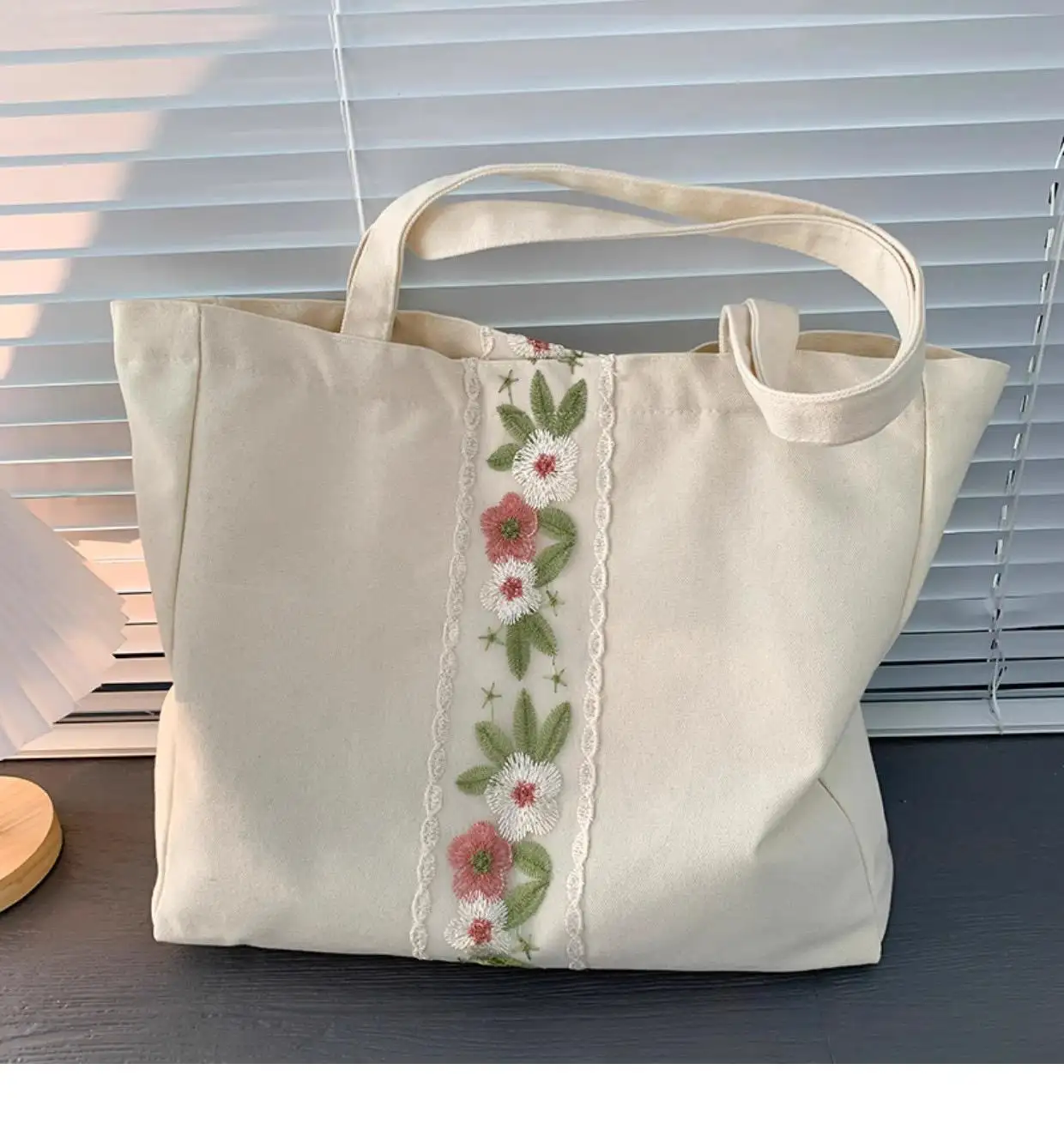 Bolso de compras de algodón personalizado con bordado de flores, bolso de lona
