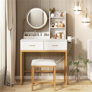 Table de maquillage moderne avec miroir <span class=keywords><strong>LED</strong></span> rond, tiroirs, étagère de rangement et tabouret, bureau de coiffure pour chambre à coucher - Product Image 2
