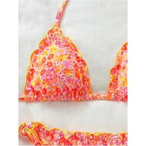 FOXA Women's 2 Piece Floral Print <b>Bikini</b> <b>Set</b> Ruffled Halter String Thong Swimsuit Bathing Suit - Product Image 3