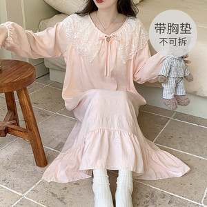 ชุดนอนแขนยาวยาวสำหรับผู้หญิง, ชุดนอนผ้าคอตตอนเนื้อเมฆพร้อมแผ่นรองหน้าอกเครื่องแต่งกายสำหรับใส่อยู่บ้านสำหรับฤดูใบไม้ผลิและฤดูใบไม้ร่วง - Product Image 4