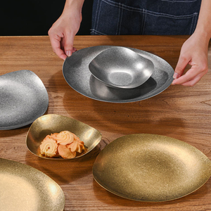 Plato <span class=keywords><strong>de</strong></span> Cena Irregular <span class=keywords><strong>de</strong></span> Acero Inoxidable Vintage, Plato para Barbacoa <span class=keywords><strong>de</strong></span> Comida Occidental al Aire Libre, Plato Dorado Vintage para Postre - Product Image 3
