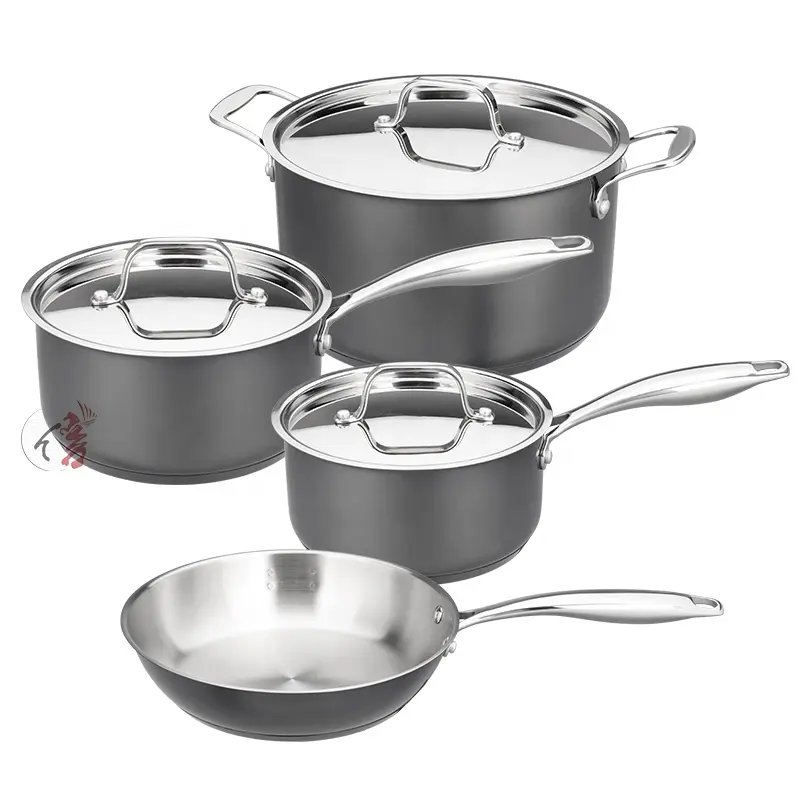 Thép không gỉ nhà bếp Chậu và Pan Set Cooking Pot Set 7 cái Cookware Set với sơn đen