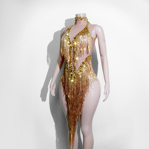 Justaucorps Scintillant Doré à Franges de Strass Lourds pour Spectacle Scénique, Showgirl, Diva, Drag Queen, Célébration - Product Image 4