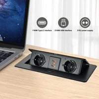 Prise escamotable moderne pour bureau, livraison rapide, 2 ports USB + 1 port USB Type-C, charge rapide PD 65W, alliage d'aluminium noir