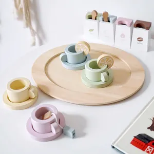 नई शैली रोल प्ले सिमुलेशन लकड़ी के रसोई खिलौना चाय पार्टी सेट लकड़ी दोपहर चाय का सेट खिलौना बच्चों के लिए