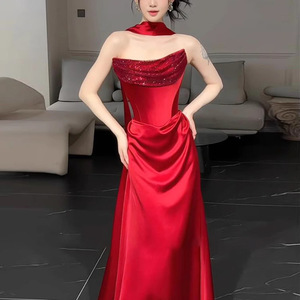 Red Satin Strapless Rhinestone Evening Gown Empire Waistline For Coming Of Age Ceremony - Product Image 3