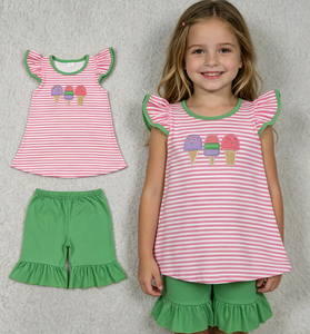 Conjunto de Ropa Infantil de 2 Piezas RTS Boutique Casual con Bordado de Helados, Camiseta y Pantalones Cortos, Venta al Por Mayor - Product Image 1