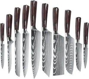 Best Product 8 Pieces Handmade Forged Damascus Steel Knife 8 Inch Damascus Steel Laser Pattern Kitchen Chef Knife Set