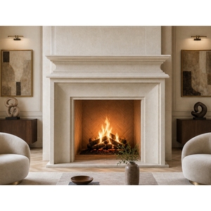 SH STONE <span class=keywords><strong>Cheminée</strong></span> en pierre calcaire beige Moleanos moderne sur mesure, manteau <span class=keywords><strong>de</strong></span> <span class=keywords><strong>cheminée</strong></span> en pierre sculptée à la main pour salon familial et villa - Product Image 1