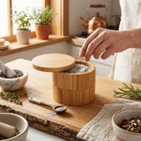 GL grosir kotak penyimpan bambu 2 tingkat, teh bambu bulat garam bumbu dan Lada dengan tutup putar magnetik untuk dapur