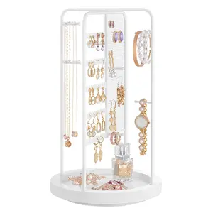 Rack de joias giratório multi-camada destacável, brincos de ferro em madeira maciça, rack de joias para colares, expositor de joias e rack de armazenamento