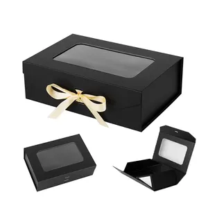豪華な黒の折りたたみ式マグネット段ボール紙ウィンドウボックスカスタム磁気リボンクロージャーギフトボックス透明な蓋で包装