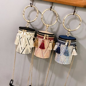 Venta al por mayor vintage paja embrague bolsa bolso colorido cilíndrico de moda de señora bolso - Product Image 5