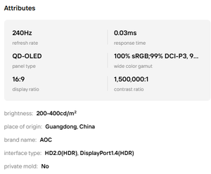 Monitor para Juegos AOC Q27G40ZDF de 27 Pulgadas, QD-OLED QHD 2560x1440, 240Hz, Tiempo de Respuesta de 0.03ms, Amplia Gama de Colores 100% SRGB/DCI-P3 - Product Image 6