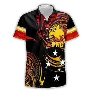 Papua yeni gine logosu özelleştirilmiş erkek havai gömleği klasik siyah kırmızı gömlek baskı rahat plaj düğme-aşağı gömlek kısa kollu