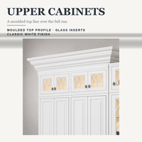 Kabinet Pulau Dapur Modern Kayu Solid Pintu Display Kaca Akrilik Panel Terangkat Putih Klasik 3 Laci Proyek Villa Kustom