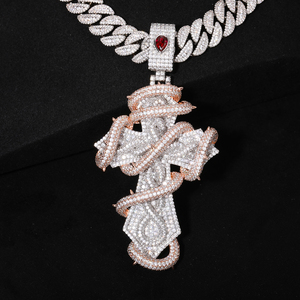 Collana da uomo con grande ciondolo a croce religiosa bicolore in ottone placcato oro 18K con zirconi cubici 5A e croce avvolta a serpente - Product Image 1