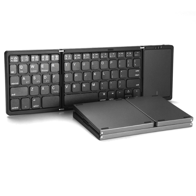 B089T Portable Mini Three Folding BT Keyboard 64 Keys Wireless Foldable Touchpad Keypad for IOS Android iPad Tablet Phone