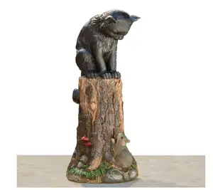 聚树脂花园摆件猫和老鼠花园雕像户外小猫树桩雕塑17英寸聚树脂家居装饰天气