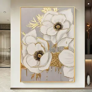Quadro Moderno su Tela con Fiori Bianchi Dorati, Arte Murale Testurizzata Dipinta a Mano, Decorazione Artistica a Olio per Soggiorno e Camera da Letto - Product Image 3