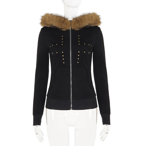 2026 Fall Winter New Dark Punk Cross Rivet Hoodie Streetwear Oversized Fur Collar Zip Up <b>Jacket</b> for Women - Product Image 6