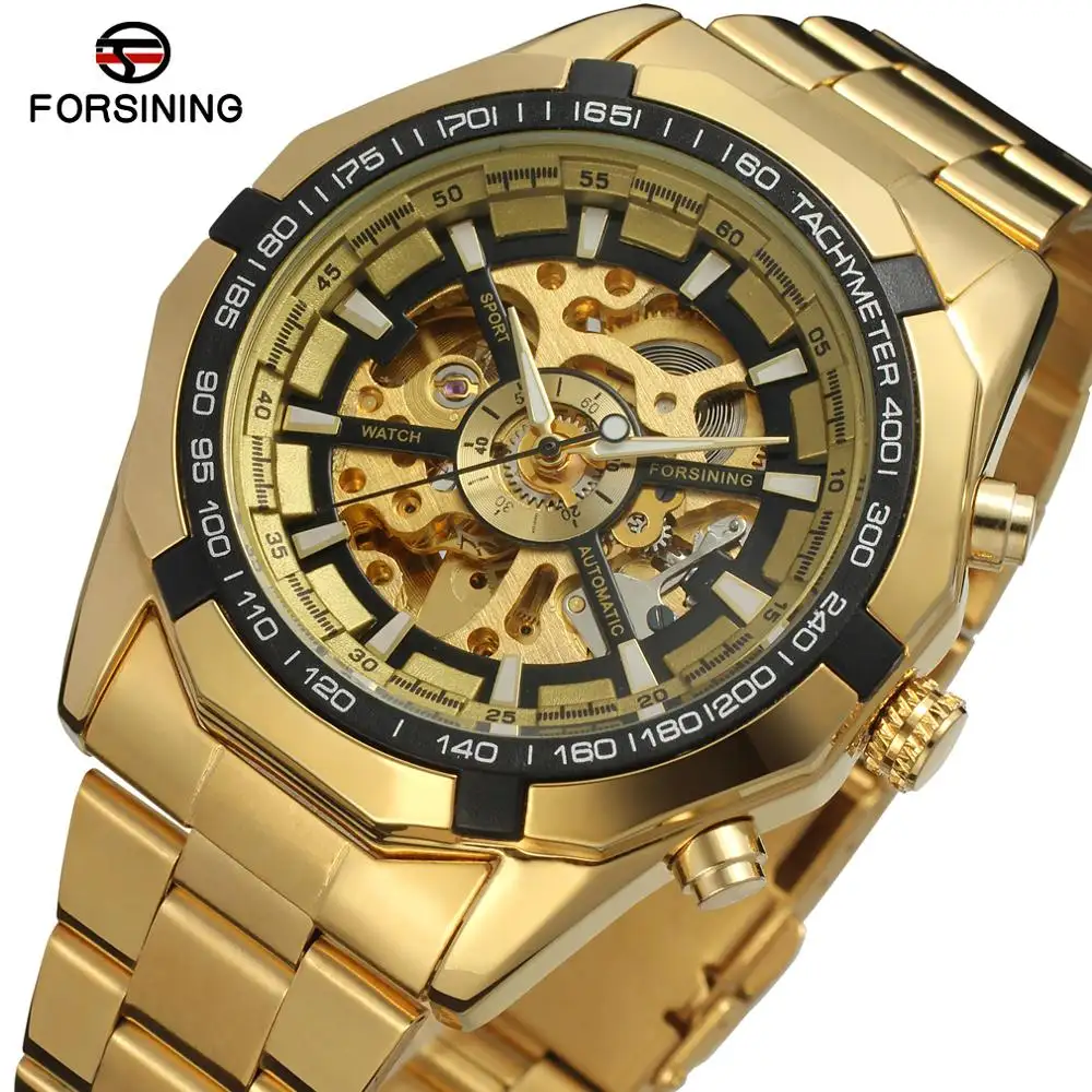 FORSINING 037 Brand Men Automatic Watch Luxury Skeleton Mechanical Watches MenのGold Stainless Steel Clock