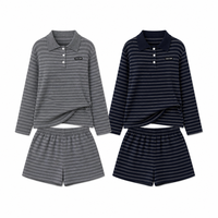 Ensemble tricoté rayé pour femme, col mandarin et short, deux pièces, coupe ample, en laine, automne, vente en gros personnalisée ODM