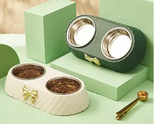 Light luxury bow pet tigelas duplas alimentadores gatos e cães pet slow feeder bowl PP aço inoxidável plástico pet tigelas