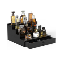 Organisateur de parfums en bois noir à 4 niveaux avec tiroir doublé de feutre et compartiment caché