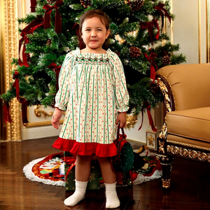Robe en velours côtelé smockée pour filles, col rond, 100 % coton, coupe trapèze, mini, écologique, ODM OEM, vente en gros - DR4297 - Product Image 1