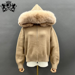 Cardigan en tricot doux JANEFUR, confortable, chaud pour l'hiver, décontracté, luxueux, surdimensionné, <span class=keywords><strong>pull</strong></span> pour <span class=keywords><strong>femme</strong></span> avec capuche en vraie fourrure de renard - Product Image 3