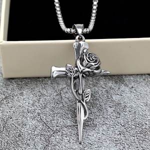 Stainless Steel Rose <b>Cross</b> Pendant For Men And Women Fashion Jewelry Necklace Charm Asymmetry Design Geometric Style - Product Image 2